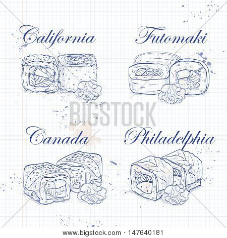 Vector sushi sketch, set of four types of rolls on a notebook page