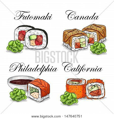 Sushi and rolls set. Fresh fish and rice. Soy sauce with sticks. Hand drawn vector stock illustration.