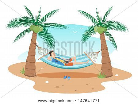 illustrationman chilling using laptop in a hammock on beach under two coconuts treecartoon flat style