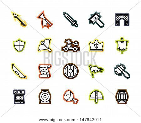 Outline icons thin flat design, modern line stroke style, web and mobile design element, objects and vector illustration icons set 30 - castle and waepon collection