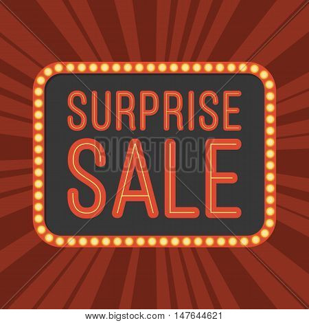 neon text Surprise Sale on retro board with light bulb and light beam background poster for advertising, banner, flat design vector