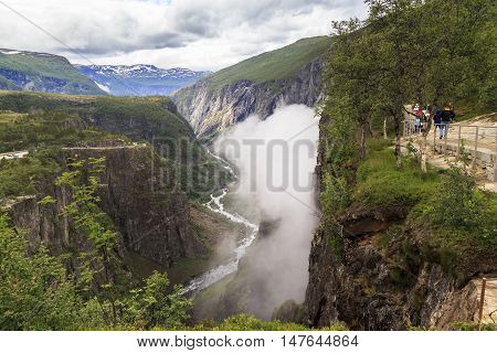 VORINGFOSS, NORWAY - JULY 2, 2016: This is Norwegian river gorge Bereyu at the crash site Voringsfossen waterfall.