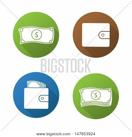 Money flat design long shadow icons set. Dollar bills stack, leather wallet full of banknotes, one us dollar. Cash. Currency. Vector symbols