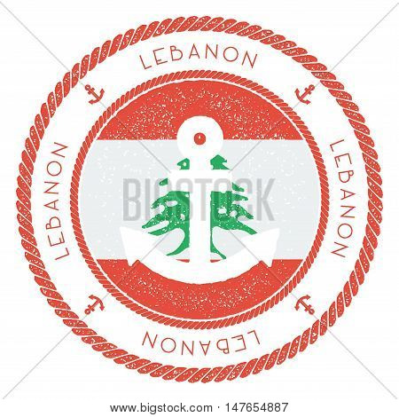 Nautical Travel Stamp With Lebanon Flag And Anchor. Marine Rubber Stamp, With Round Rope Border And