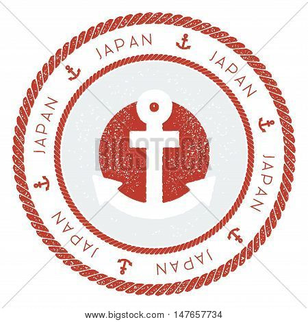 Nautical Travel Stamp With Japan Flag And Anchor. Marine Rubber Stamp, With Round Rope Border And An