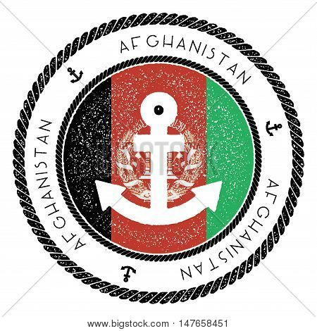 Nautical Travel Stamp With Afghanistan Flag And Anchor. Marine Rubber Stamp, With Round Rope Border