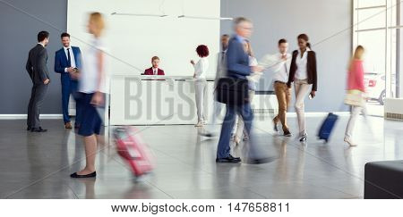 View of airport hall with hastily passengers