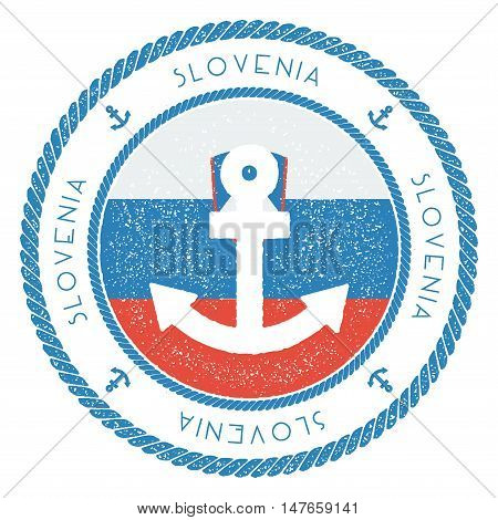 Nautical Travel Stamp With Slovenia Flag And Anchor. Marine Rubber Stamp, With Round Rope Border And