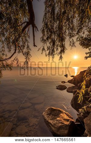 View of Simcoe lake during sunrise from Sibbald Point Provincial Park, Ontario, Canada