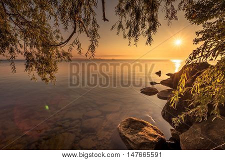 View of Simcoe lake during sunrise from Sibbald Point Provincial Park, Ontario, Canada