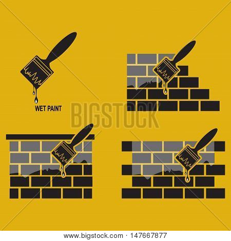 Paint brush and wall working tool icon wet paint icon