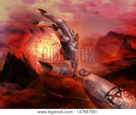3D illustration of a demonic hand spell first person view. 3d first person view demonic hand holding fireball spell with pentacle glowing signs on hellish landscape background.
