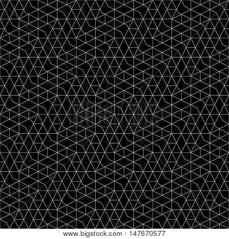Seamless pattern. Abstract geometrical background. Original linear texture with repeating thin broken lines polygons difficult polygonal shapes rhombuses triangle. Monochrome. Black. White.