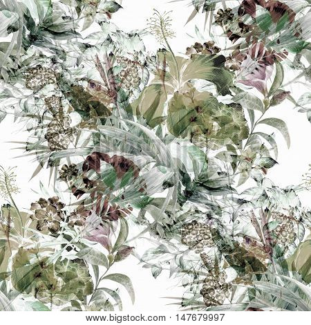 Watercolor painting of leaf and flowers seamless pattern on white background