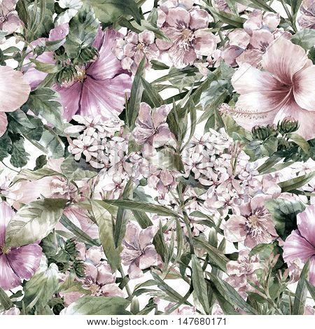 Watercolor painting of leaf and flowers seamless pattern on white background