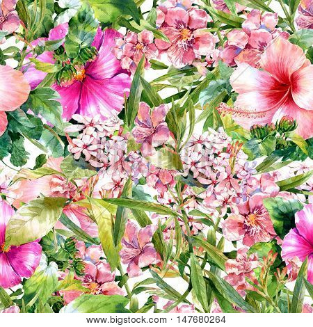 Watercolor painting of leaf and flowers seamless pattern on white background