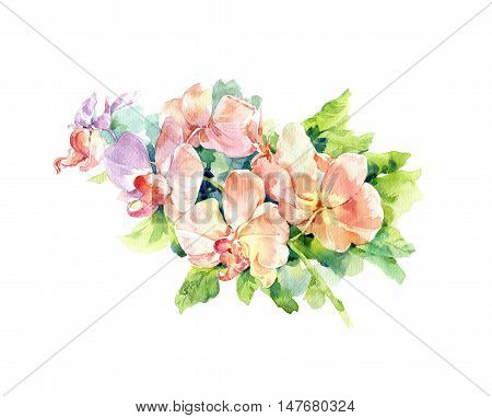 watercolor painting of leaves and flower on white background