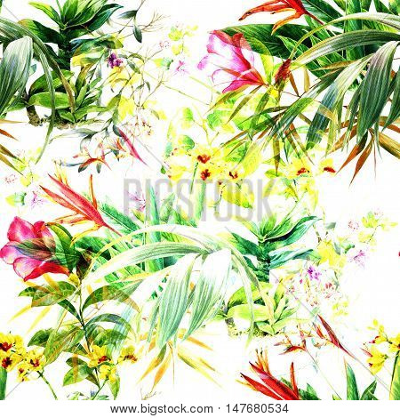 Watercolor painting of leaf and flowers seamless pattern on white background