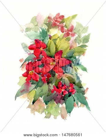 watercolor painting of leaves and flower on white background