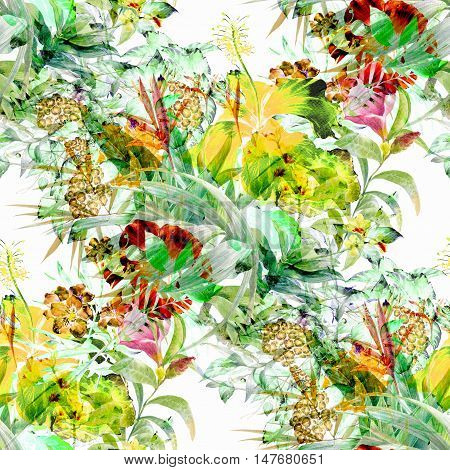 Watercolor painting of leaf and flowers seamless pattern on white background