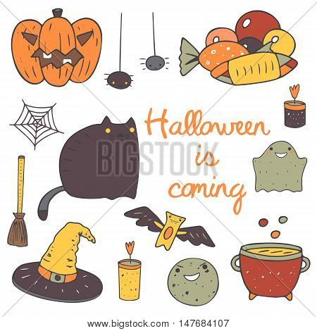 Cute hand drawn doodle halloween objects collection including pumpkin spider sweets net cat ghost candle cauldron moon bat witch hat broom stick Halloween icons set decorative elements