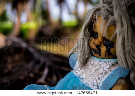 Close up of scary baby doll of halloween