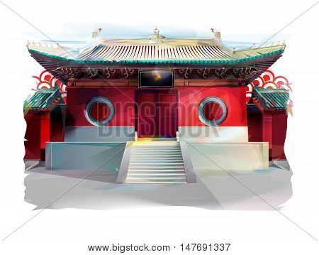 Red chinese temple on white background, watercolor vector illustration