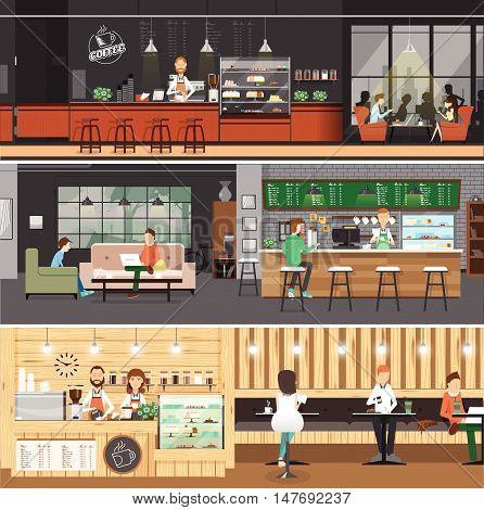 vector illustration of Cafe interior Bannerpeople inside coffee shopcounter barcartoon flat style