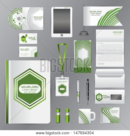 White corporate identity template with green origami elements. Vector company style for brandbook guideline and Pens mugs CDs books business cards letterhead flag Card Portfolio employees Tablet flash drive