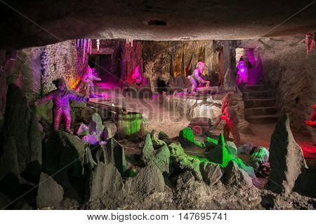 POLAND, WIELICZKA - MAY 28, 2016: Wieliczka Salt Mine.  In UNESCO World Heritage since 1978. POLAND, WIELICZKA - MAY 28, 2016: Wieliczka Salt Mine.  In UNESCO World Heritage since 1978. Exhibition with dwarves.