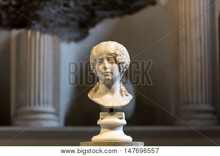 ROME, ITALY - JUNE 12, 2015: Ancient bust of the woman in the baths of Diocletian in Rome. Italy