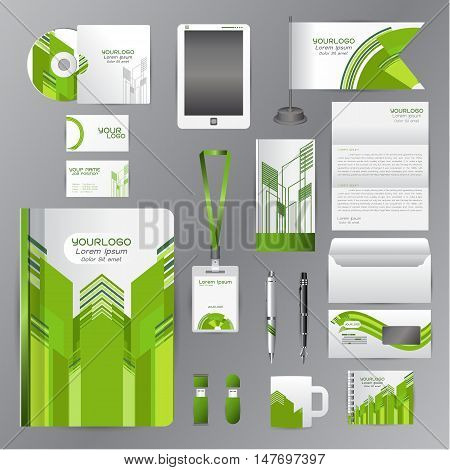 White corporate identity template with green origami elements. Vector company style for brandbook guideline and Pens mugs CDs books business cards letterhead flag Card Portfolio employees Tablet flash drive