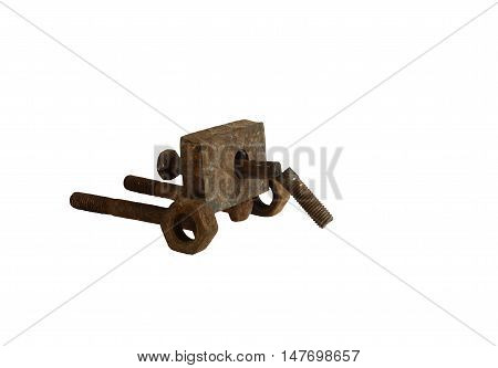 Cannon assembled from rusted bolts and nuts. Isolation on a white background without shadows.