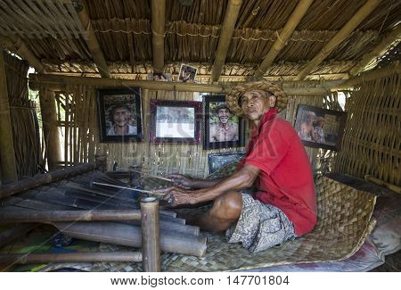 Ubud Bali Indonesia September 10th 2016: old man playing a local traditional instrument