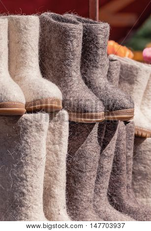 Felt boots on market stand. Valenki are traditional Russian winter footwear.