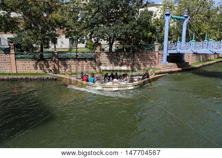 ESKISEHIR TURKEY - SEPTEMBER 03 2016: Gondola tour in Porsuk river. Porsuk river is one of the most populer touristy place with boat tours and entertainment in Eskisehir.