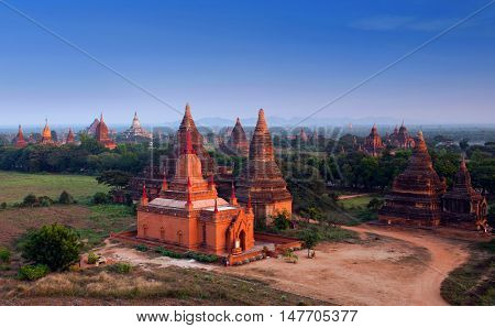 Ancient temples in Bagan Archaeological zone Myanmar. Bagan's prosperous economy built over 10000 temples between the 11th and 13th centuries.