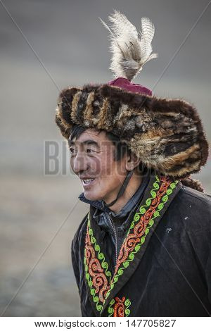 Bayan Ulgii Mongolia September 30th 2015: Portrait of a Mongolian eagle hunter