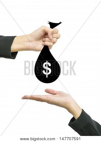 Closeup working woman hand give money bag in us dollar currency to another people hand hold out to receive isolated on white background in business concept with clipping path