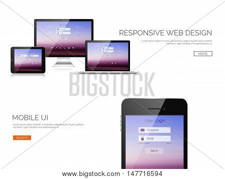 Vector illustration. Realistic laptop, tablet. Adaptive ui. Responcive web design.