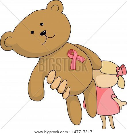 vector girl holds a bear whith a pink ribbon on his chest, the day of the figt against breast cancer, support, gift, birthday