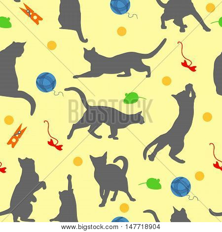 Seamless pattern with cats and toys isolated in flat style on yellow background.