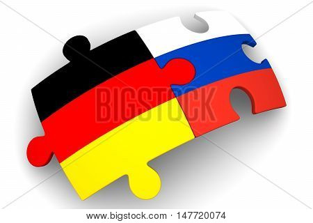 Cooperation of Russia and Germany. Puzzles with flags of the Russian Federation and Germany on a white surface. The concept of coincidence of interests in geopolitics. Isolated. 3D Illustration
