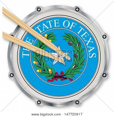 Texas Seal snare drum batter head with tuning screws and with drumsticks over a white background