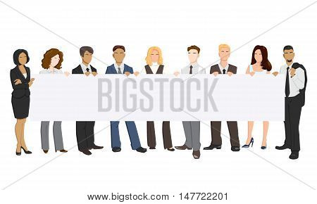 Vector illustration of people holding a banner in his hands. Advertising Space.