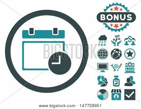 Date and Time icon with bonus elements. Vector illustration style is flat iconic bicolor symbols, soft blue colors, white background.