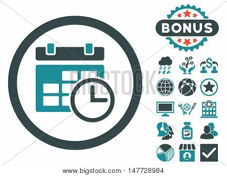 Date and Time icon with bonus elements. Vector illustration style is flat iconic bicolor symbols soft blue colors white background.