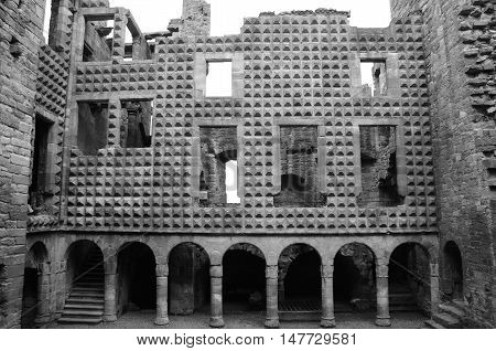 A view of the diamond faceted façade inside Crichton castle