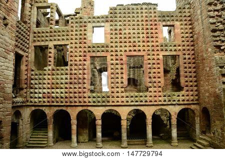 A view of the decorative façade wall inside Crichton castle