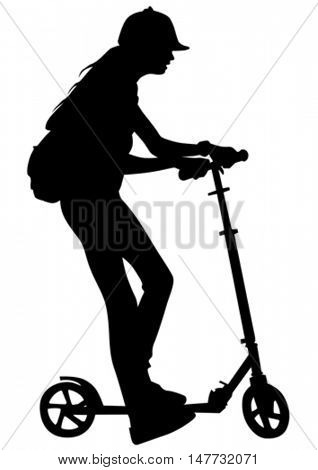 Silhouette of girl on roller skates on white background